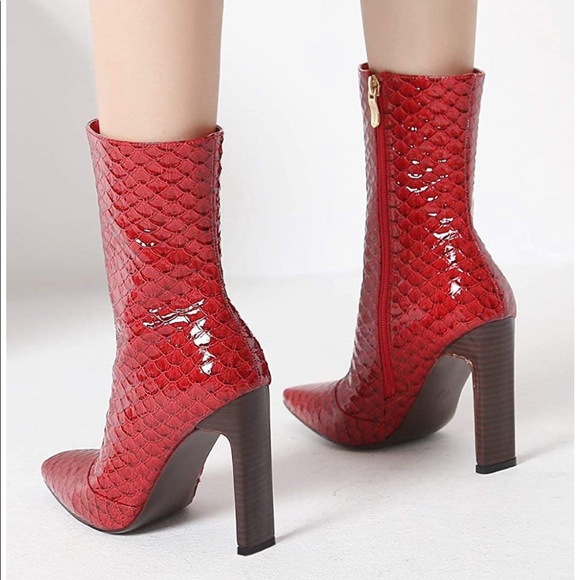 Red Patent Leather Square Toe High Heel Boots - Picture 6 of 13